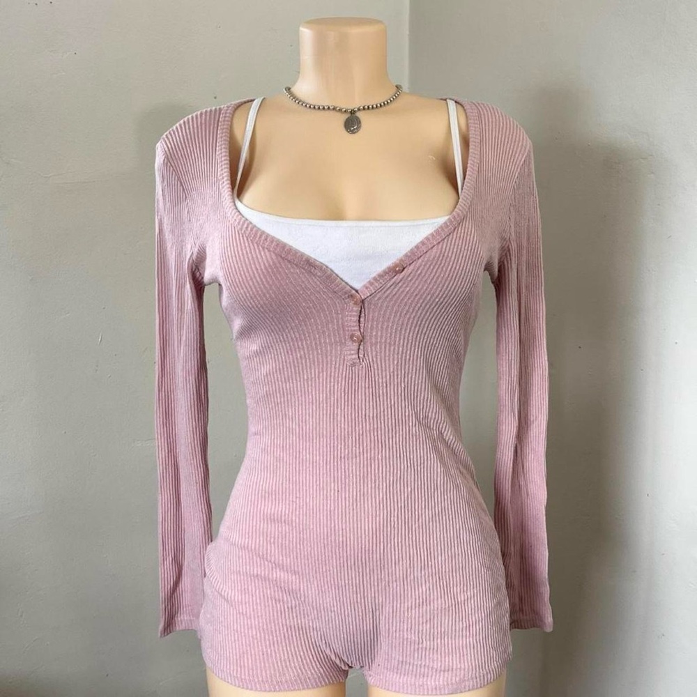 Forever 21 Pink Ribbed Long Sleeve Romper